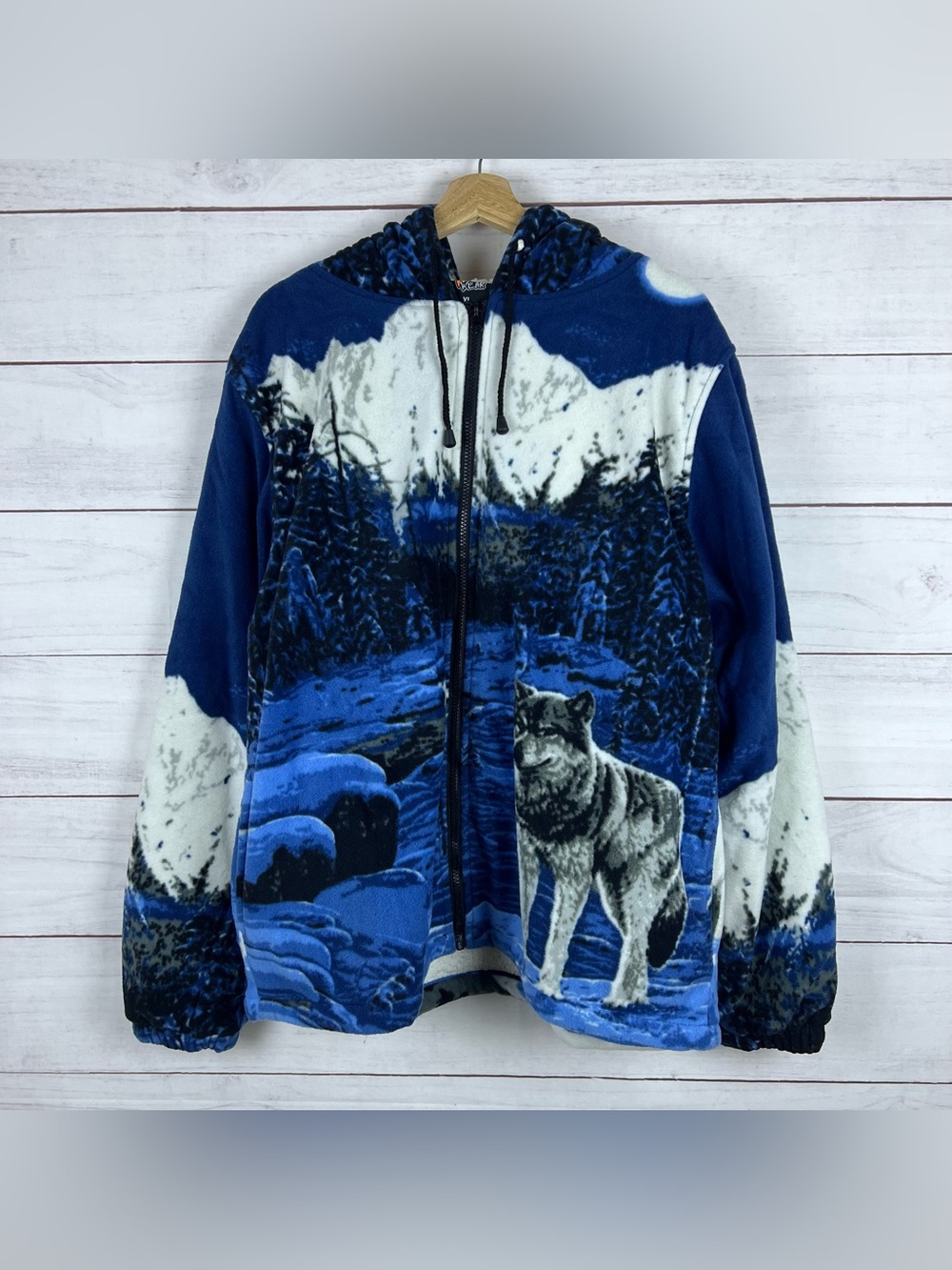 WILD WEAR Wolf AOP Full Zip Hoodie Sherpa Fleece Lined Jacket Sz XL Warm Jacket
